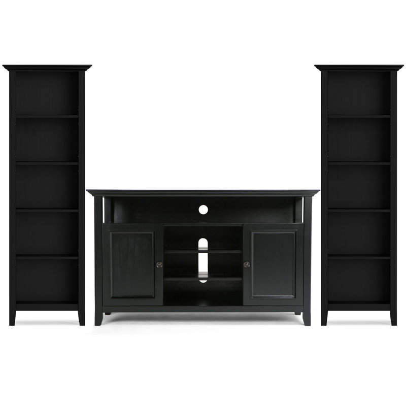 Amherst Solid Wood Transitional 54 Inch Wide Tv Stand With Two 24 Inch Wide 5 Shelf Bookcases In Black (set Of 3)