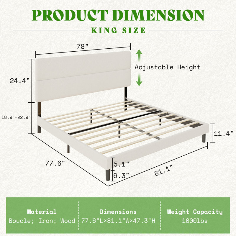 Boucle King Size Upholstered Bed Frame With 50" High Adjustable Headboard,White, White, King