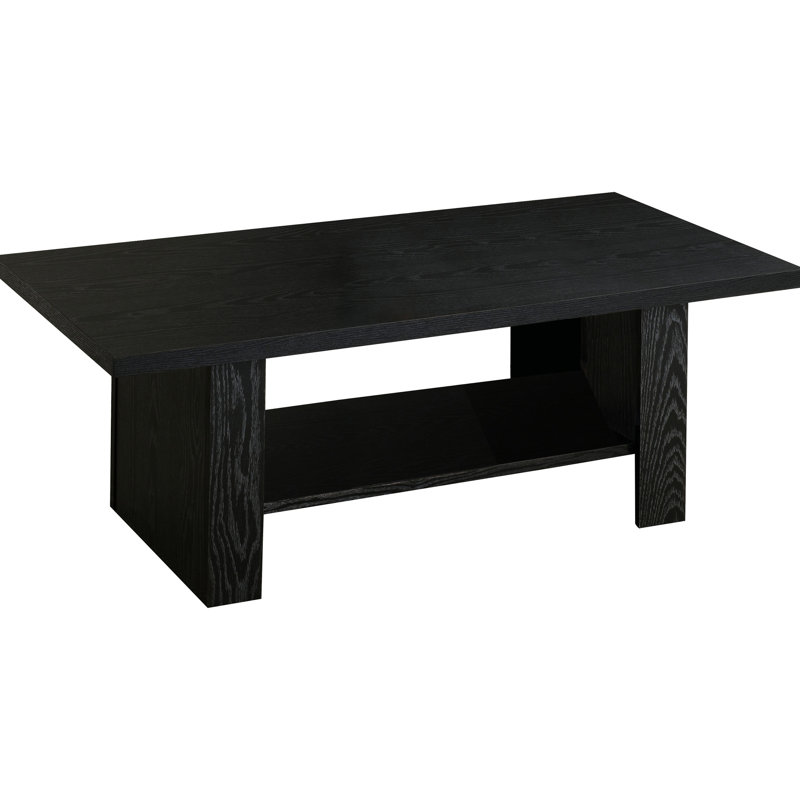 Table basse en bois d'ingénierie 3 en noir profond, tablette inférieure pour organiser des articles, grain subtil, ajoute une touche moderne à l'espace de vie principal avec une finition en chêne noir, affichant la construction, lisse