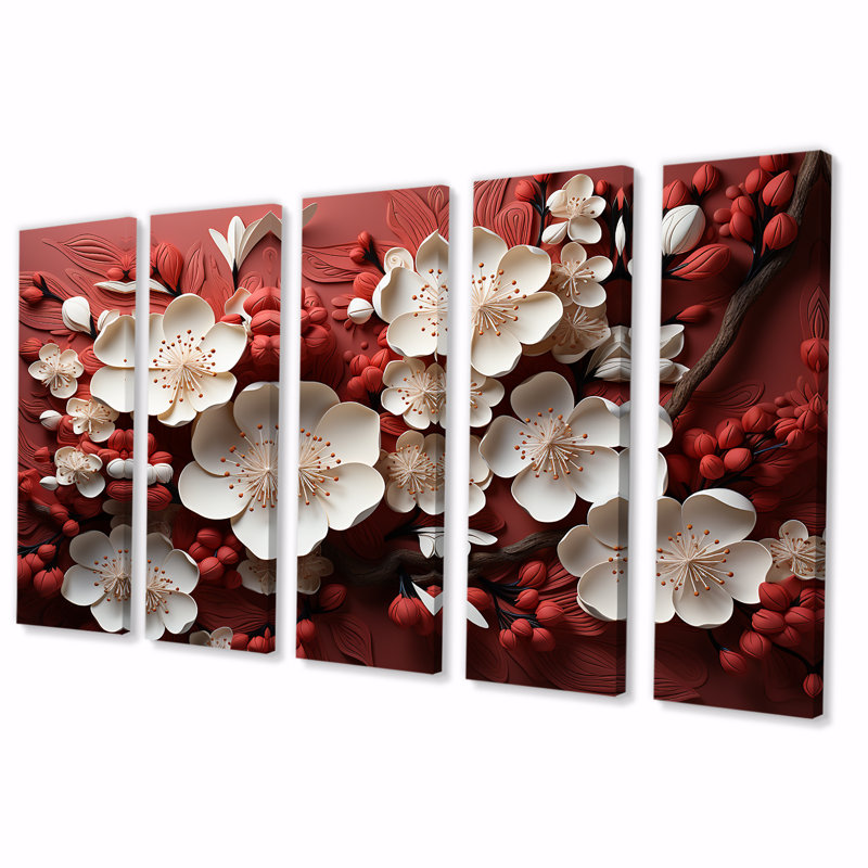 Ensemble de 5 décorations murales orchidées blanches et rouges IV - Floral Abstract, H 28 po x l 60 po