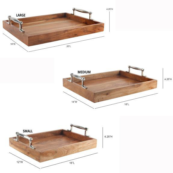 Ensemble de 3 plateaux rustiques en bois avec poignées en aluminium