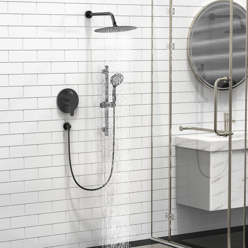 SR SUN RISE 12 Inch Slide Bar Shower System With Rain Shower Head And 6-Spray Handheld Combo, Wall Mounted Dual Shower Faucet With Pressure Balance Valve And Adjustable Slide Bar
