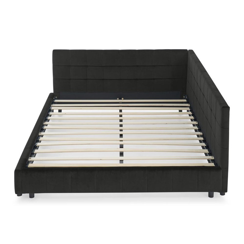 L-shape Corner Bed Frame Velvet Tufted Daybed (Is Full Size), Black, Queen
