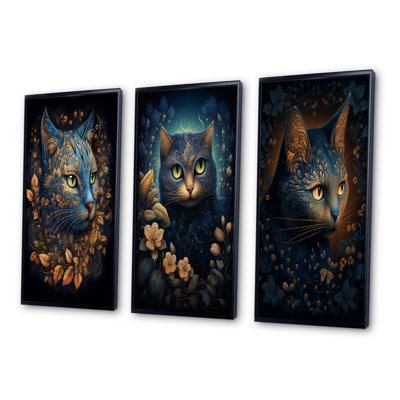 " Retro Blue Cat Amidst Flowers I " 3 - Pieces