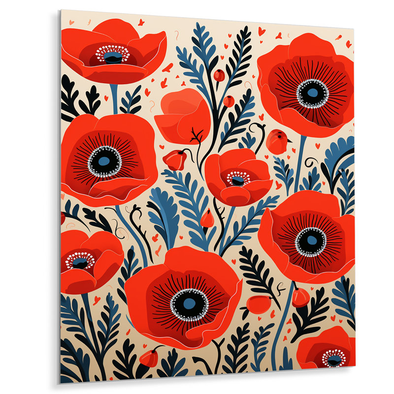 Blooming Poppies - Illustration rétro - coquelicot, H 40 po x l 30 po, Sans cadre, métal