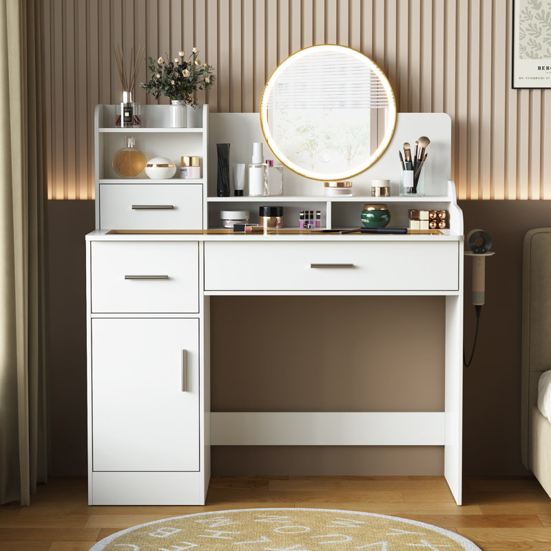 Meuble-lavabo transitionnel blanc avec miroir rond Wilce