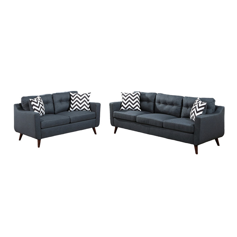 2 pièces en bleu gris, style moderne avec dossier et coussins gris moelleux, coussins contemporains et pieds en bois pour le salon