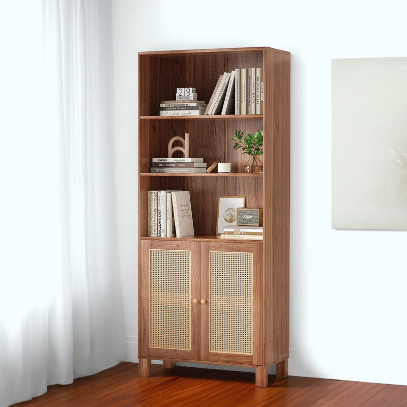 Bibliothèque à 5 niveaux avec portes en rotin et tablettes de rangement, Brun