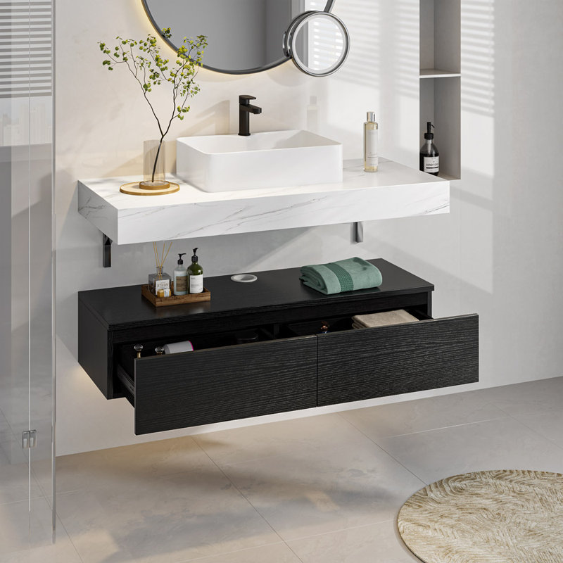 Ensemble de meuble-lavabo mural simple 48 po avec comptoir en pierre 48 po, Noir
