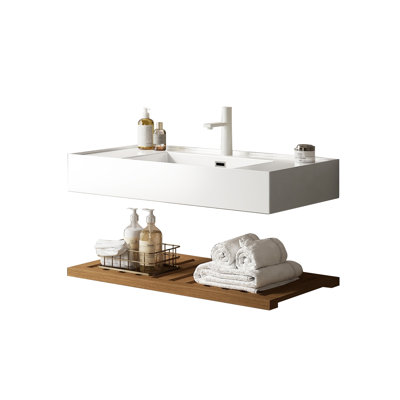 Meuble-lavabo de 36 po - Lavabo vasque, lavabo en acrylique blanc, tablettes en noyer foncé, évier flottant avec solution de rangement