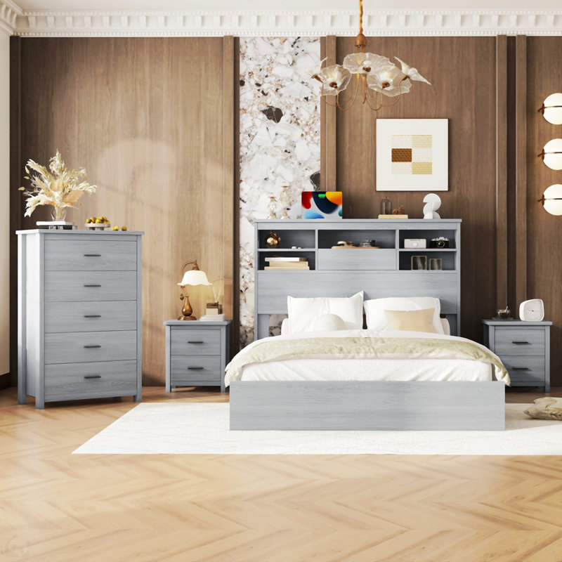 Vintage Gray Wood Queen Bedroom Set with Nightstands and Dresser