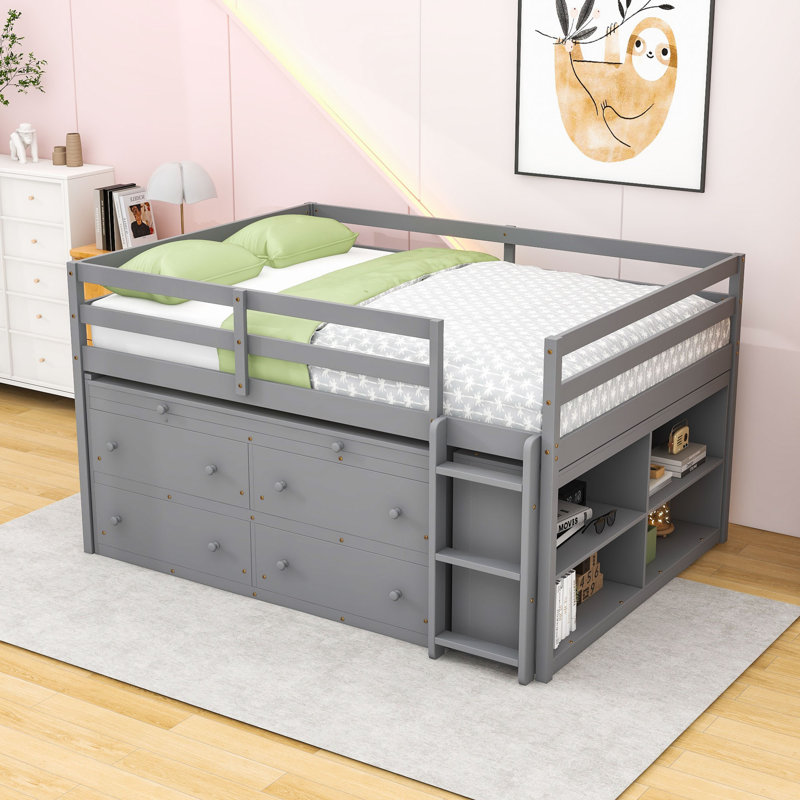 Lit mezzanine bas avec bureau rétractable et tiroirs, tablettes, Double, Gris