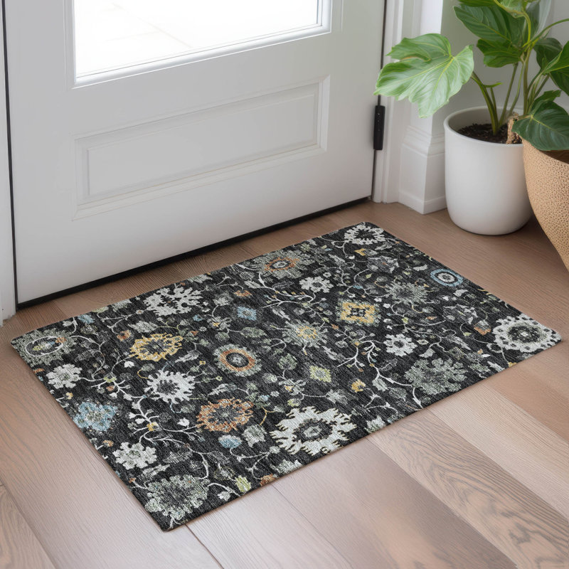 Tapis traditionnel lavable à la machine intérieur / extérieur ACN2458, Noir, 1'8" x 2'6"
