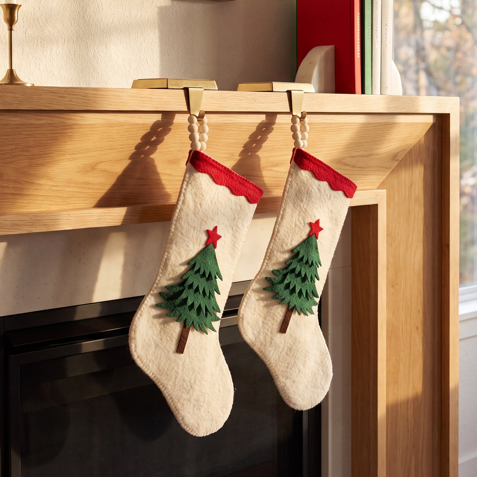 Hand Felted Wool Stocking, Cream/Green
