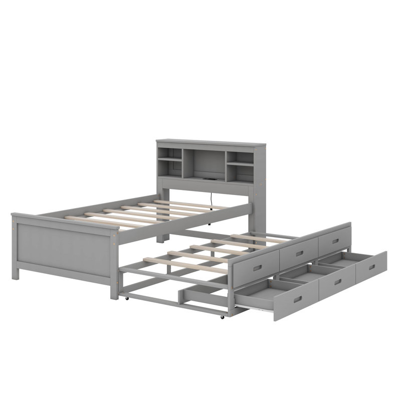 Lit plateforme avec tête de rangement Agnes, USB, lit gigogne et 3 tiroirs Agnes, Gris, Lit simple