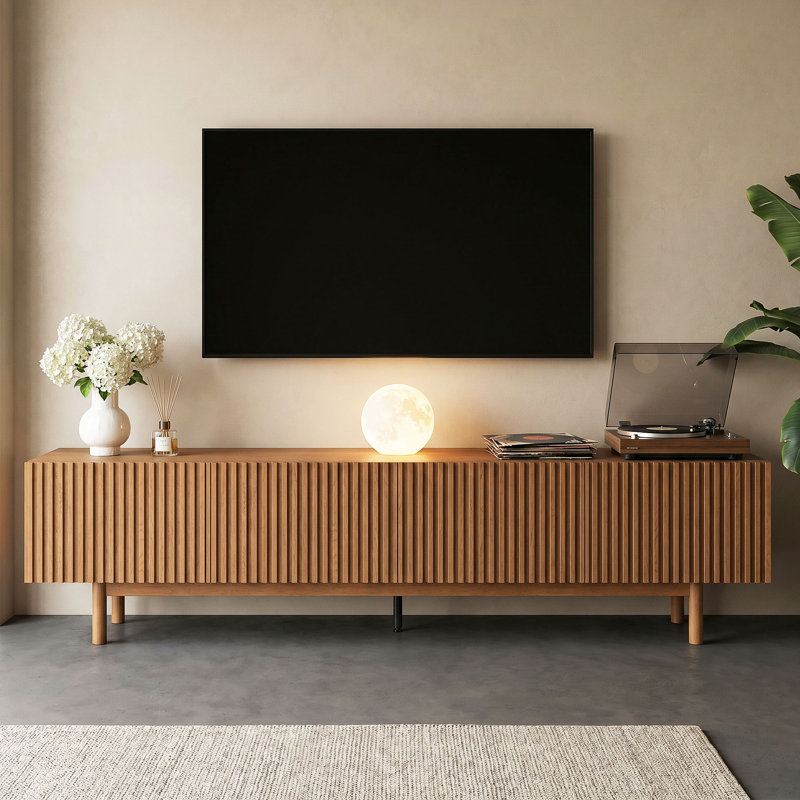 Calli 86.6" Modern Fluted TV Stand for TVs up to 90", Extra-Wide Media Console with Slatted Doors & Removable Shelves, Walnut
