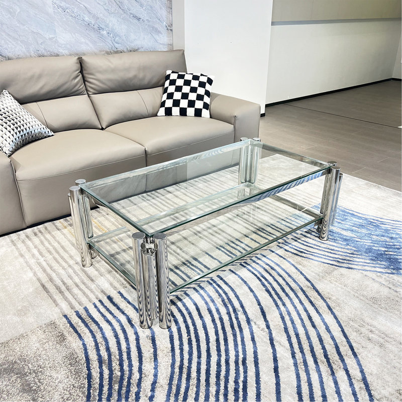 Table basse rectangulaire moderne en acier inoxydable de 47 po de largeur, table basse en verre trempé transparent à deux couches, table centrale avec rangement, pour le bureau à domicile, assemblage facile, or