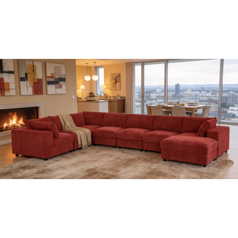 Aneea Reversible Modular Corner Sectional with Ottoman, Ginger, 33" H x 160" W x 104" D