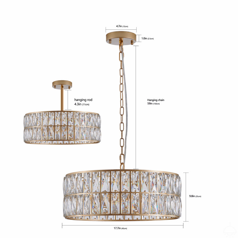 Luminaire suspendu en cristal 18 po doré à 6 lumières avec cadre en métal, Doré
