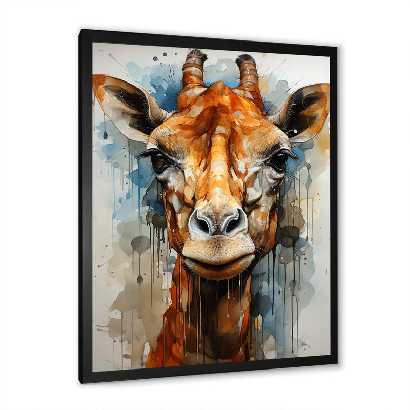 Girafe moderne, portrait sur toile, Cadre simple noir, H 32 po x l 24 po x P 1 po