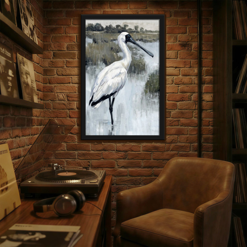 Animaux, oiseau blanc, debout dans l'eau, paysage, H 36 po x l 24 po