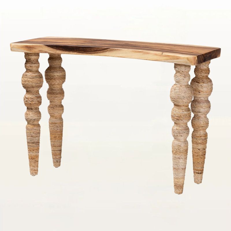 Florent Teak Wood Console Table with Seagrass and Bobbin Legs in Natural Brown