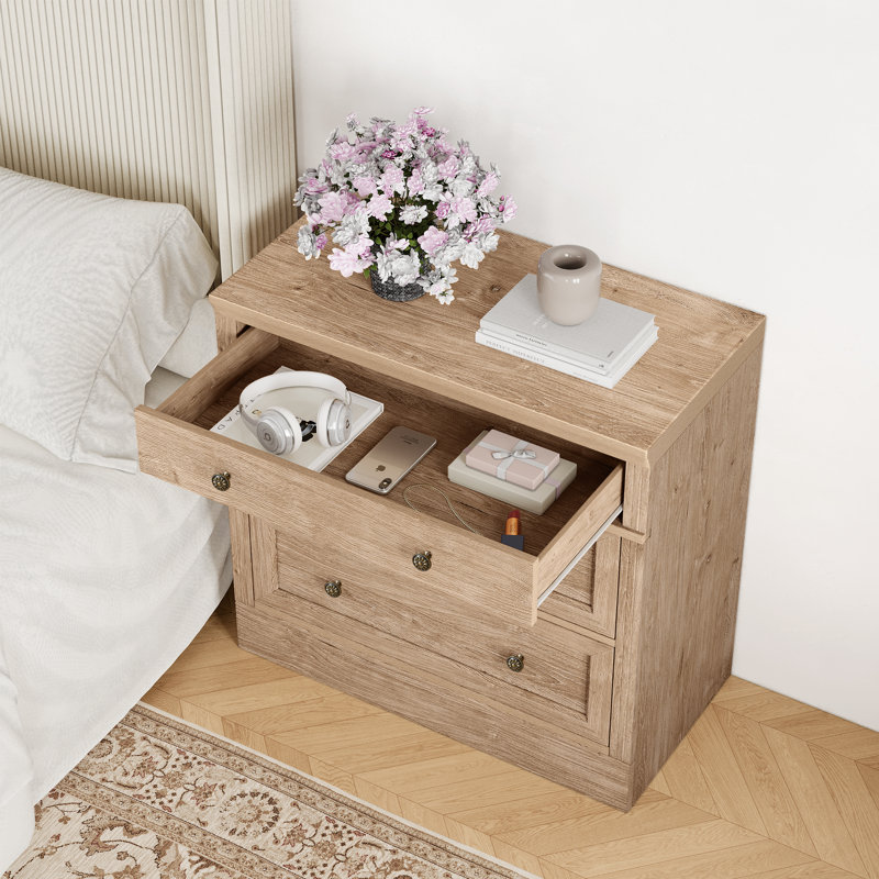 Ensemble de table de chevet surdimensionné à 3 tiroirs Retro Elegant, Naturel