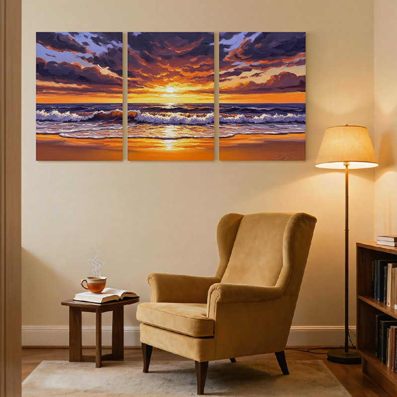 Nautique et plage coucher de soleil océan vagues ciel nuages plage réflexion de la lumière ensemble de 3 impressions d'art sur toile
