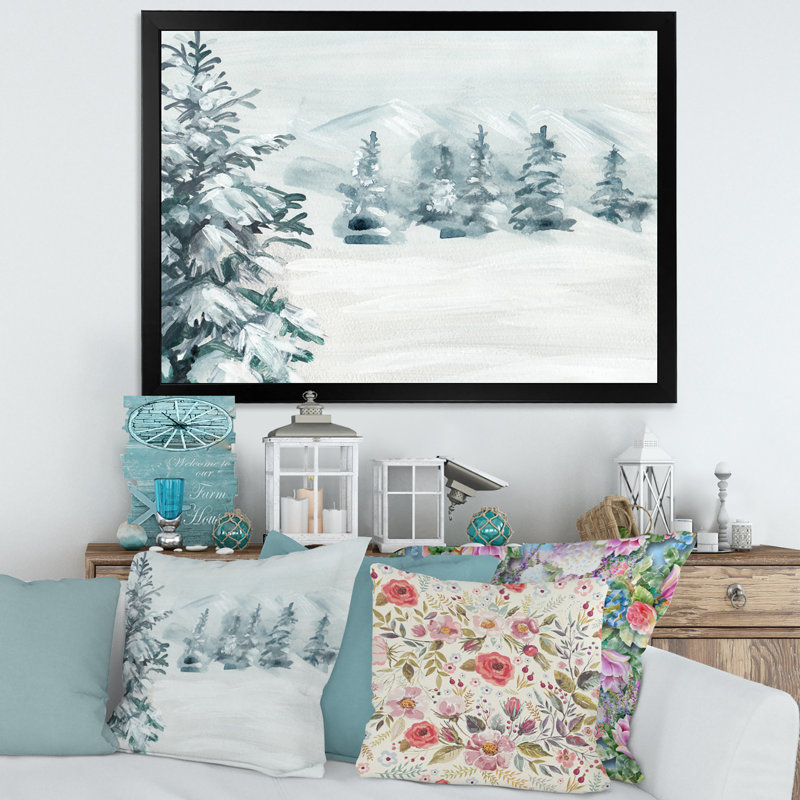 Snowy Pine Trees - Paysages, art mural, Toile avec cadre noir, H 12 po x l 20 po x P 1,5 po