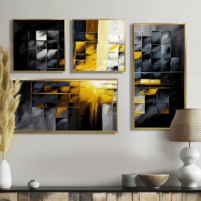 Abstrait géométrique noir et jaune IV - Art mural abstrait géométrique 4 pièces
