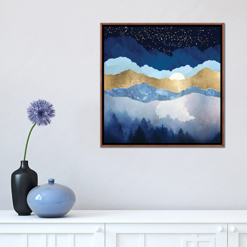Forêt de minuit - impression, Pas de tapis, H 18 po x l 18 po x 1,5 po, Toile avec cadre en bois brun classique