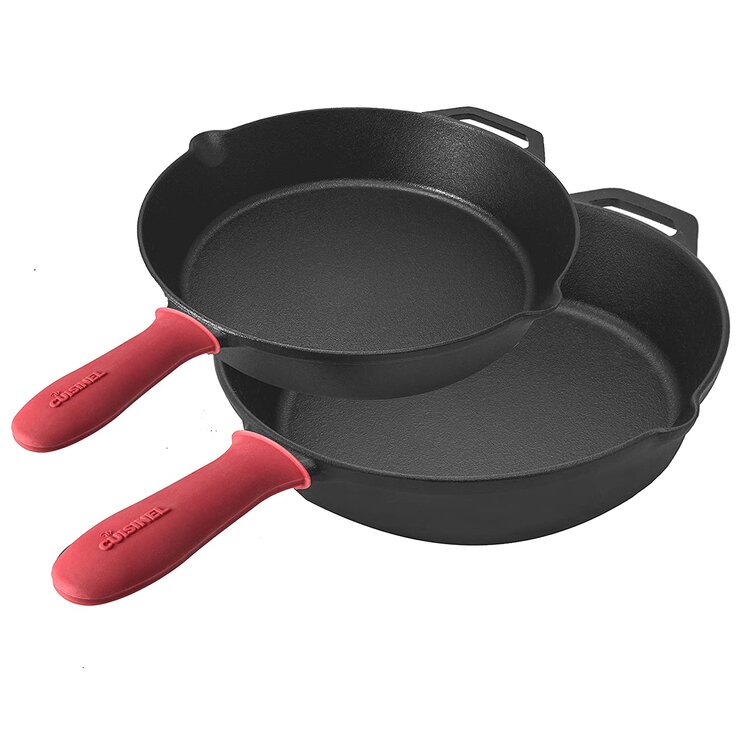 Cuisinel Cast Iron Skillets Set - Pre-Seasoned 2-Piece Pan: 10 + 12-Inch  + 2 Heat-Resistant Silicone Handle Covers - Dual Handle Helpers - Oven Safe