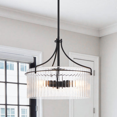 3-light Black Pendant Light with Clear Ribbed Glass