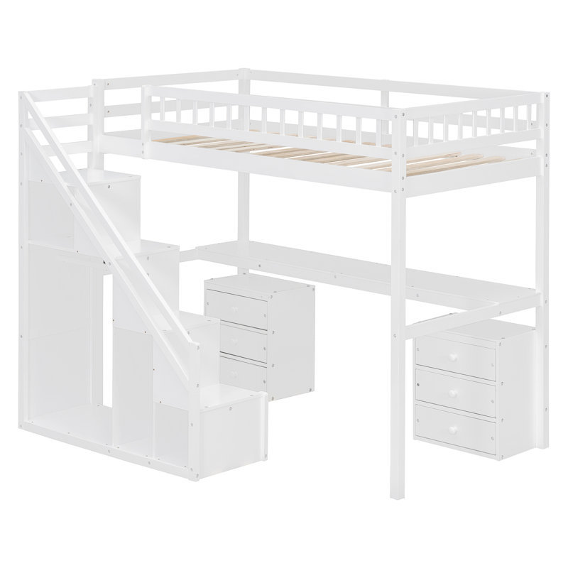 Twin Size Loft Bed with Desk, 2 Chest of Drawers & LED Light Strip – Space-Saving Wooden Bed Frame, White, Twin, White