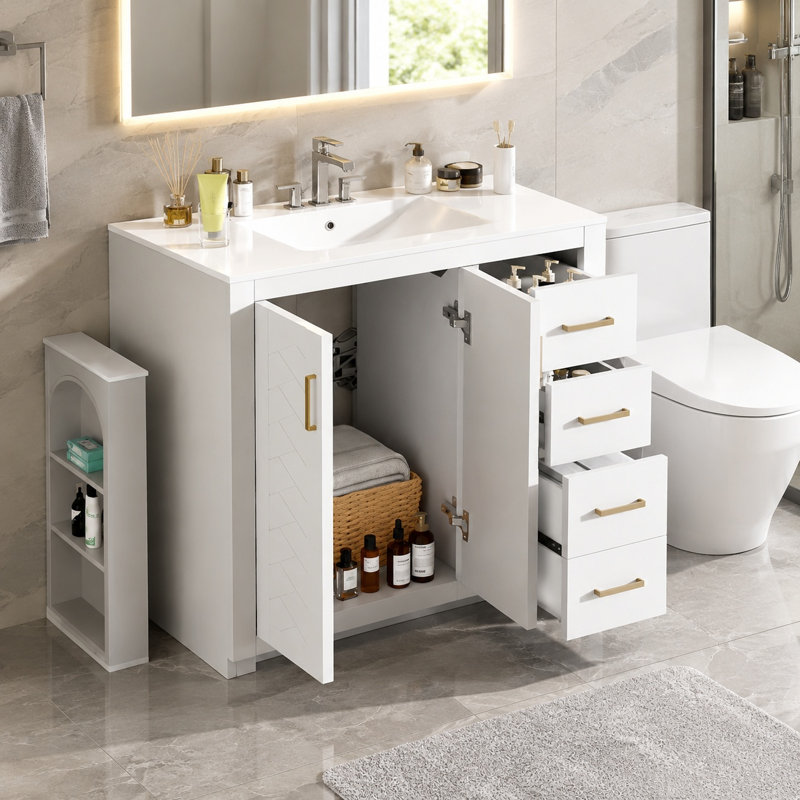 Meuble-lavabo de 91 cm avec lavabo en céramique et meuble de rangement autoportant