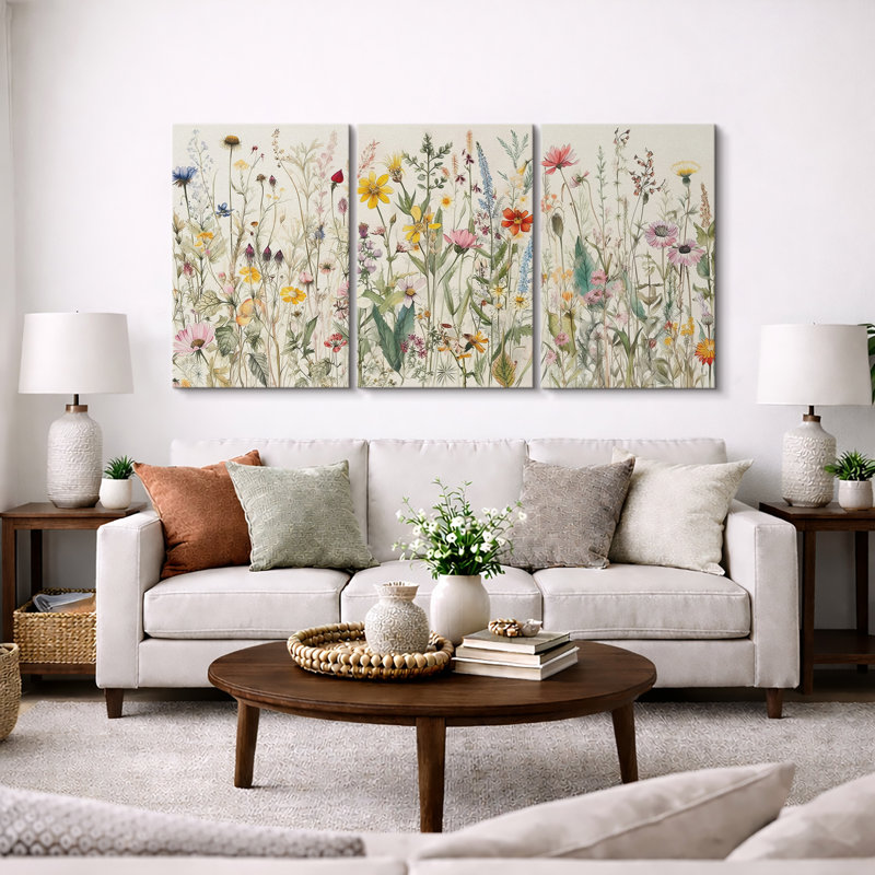 Vibrant Wildflower "Colorful Soft Floral Artwork, French Country Cottage Triptych Wall Pictures, Framed Canvas Giclée Print 3 Pieces Wall Art" 16"x24"x3 pcs, 24"x36"x3 pcs, 20"x60"x3 pcs