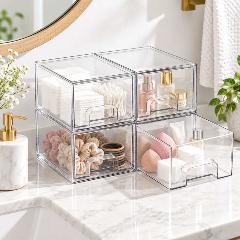 Lot de 4 tiroirs de rangement transparents empilables pour l'organisation de la salle de bain et du bureau