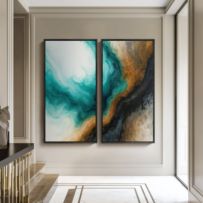 «Teal Fluid Ink Swirl Abstract for Office», ensemble de 2 reproductions d'art encadrées sur toile, H 60 po x l 30 po, Noir