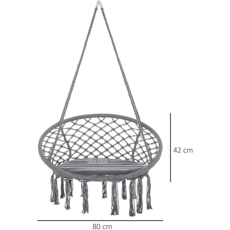 Whalan Outdoor Macrame Hanging Rope Chair with Cushion Portable Grey