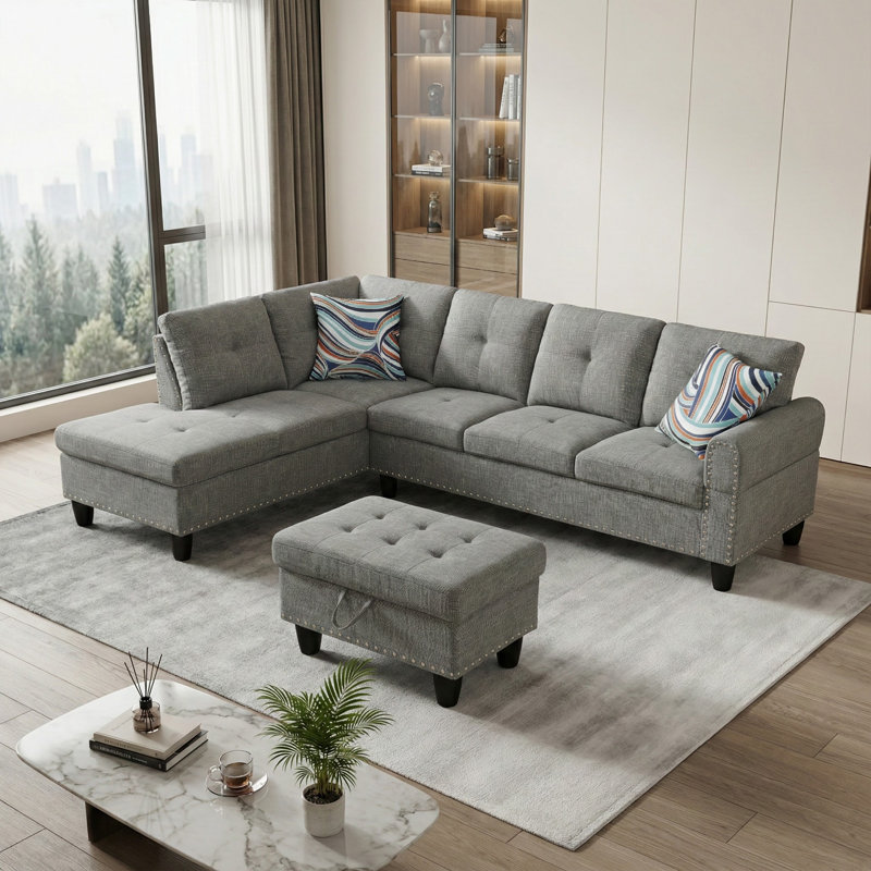 Canapé modulaire rembourré avec table cachée et repose-pieds avec rangement, Orienté à gauche (vu de face), Microfibre grise