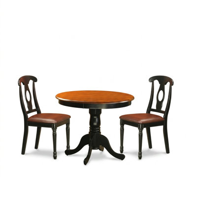 Buttermilk Cherry Black Finish Asian Solid Wood Round Pedestal Dining Table Set with 2 Chairs