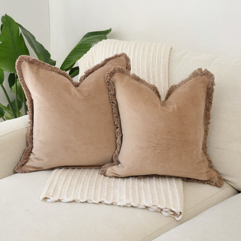 Velours taupe à franges, Carré 20 po, Taupe
