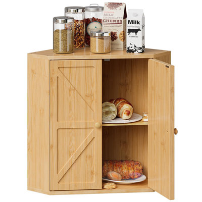 Corner Bread Box for Kitchen Counter, Double Layer Bamboo Bread Storage Container, Large Capacity Bread Storage Bin Farmhouse Breadbox Organizer, (Bamboo Natural)