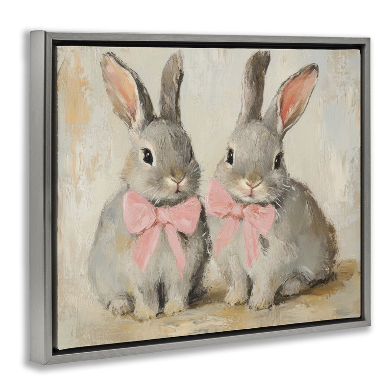 Bunnies in Bows Floating Frame, design par Petal Prints Design, Cadre flottant gris lustré, H 25 po x l 31 po