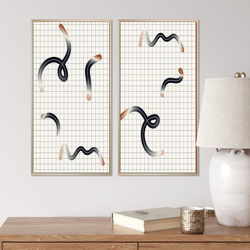 «Organic Doodles on Boho Grid I», ensemble de 2 impressions, H 20 po x l 24 po x P 1 po, Cadre brun