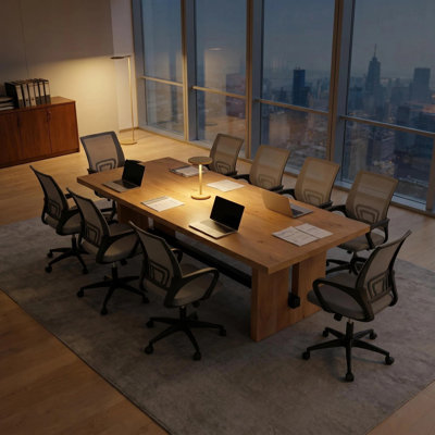 10-Person Industrial Solid Wood Conference Table & 10 Ergonomic Office Chair Set