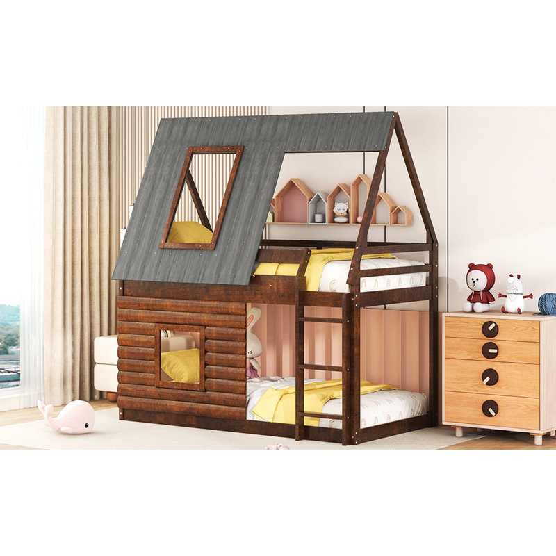 Lit superposé simple avec toit et 2 fenêtres - Chêne et gris fumé, fabrication en bois pour la chambre à coucher