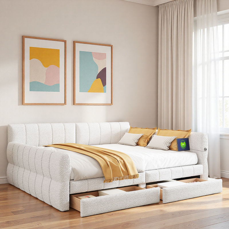 Upholstered Daybed With Usb And 2 Drawers, White