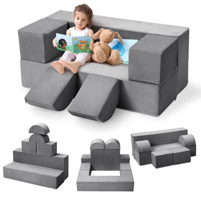 Canapé de jeu modulaire de 6 pièces pour enfants, idéal pour la chambre ou la salle de jeux. Canapé en mousse pour tout-petits avec housse amovible et convertible, gris foncé.