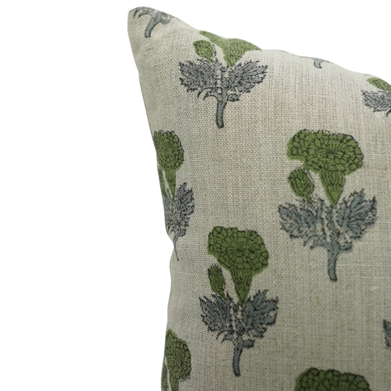 Block Print Throw Pillow Cover MNHGRTLSquare, Green Floral 2, Square 22"